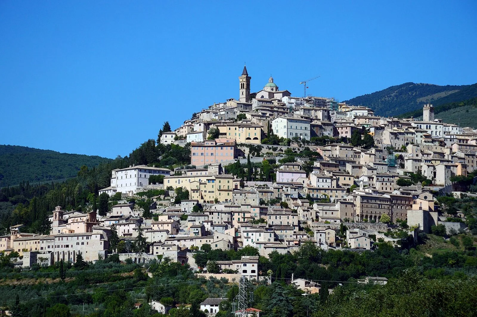 Il borgo di Trevi arroccato sulla collina, con le case in pietra chiara e gli uliveti sulle pendici sottostanti